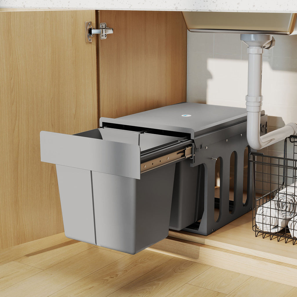 Pull Out Bin, Under Sink Bin - 3 Removable Compartments (15L + 2 x 8L) for 400mm Cabinets, Light Grey