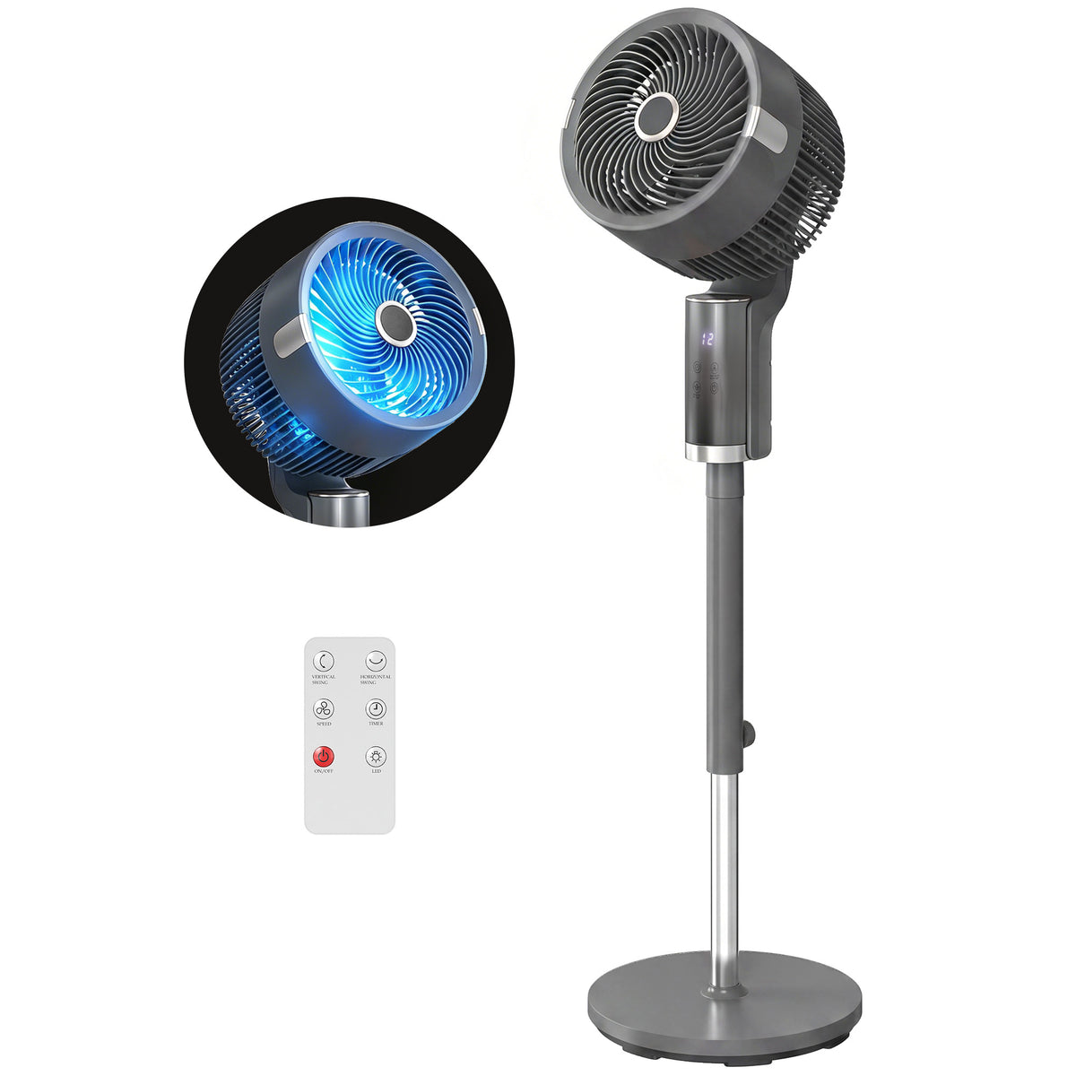 Standventilator Luftzirkulator Lüfter mit 8 Geschwindigkeitsstufen LED-Display Fernbedienung Timer 90° Oszillation Grau