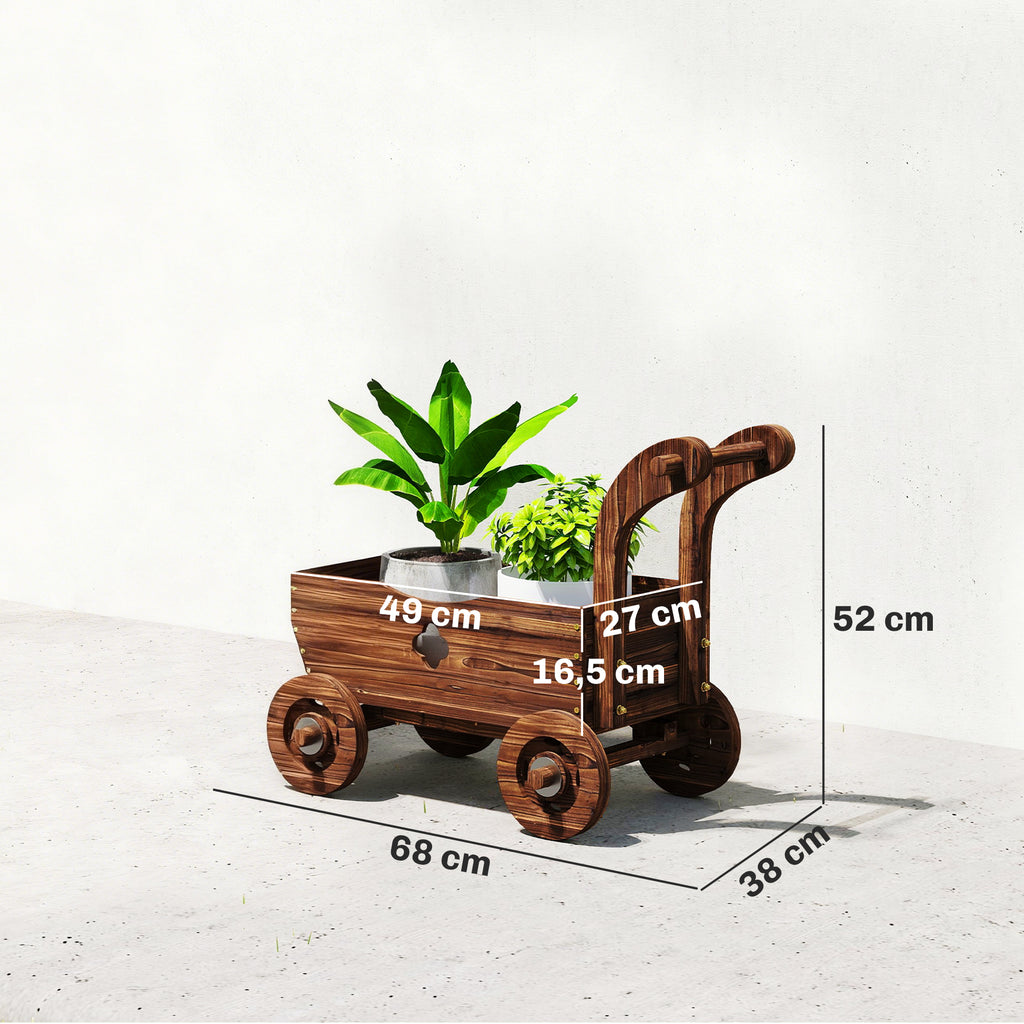 Hochbeet Holz, Pflanzbeet in Wagenform Fr¨¹hbeet mit 4 R?dern Griff Gartenbeet 68 x 38 x 52cm