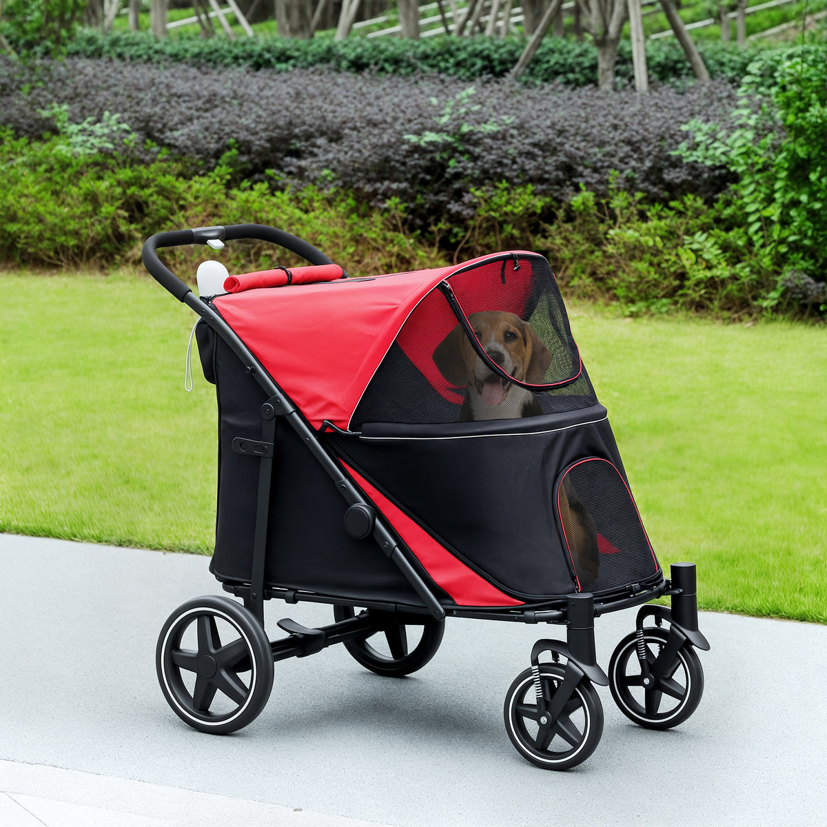 Foldable Pet Stroller, with Universal Wheels, Shock Absorbers, for Medium and Large Dogs, Red