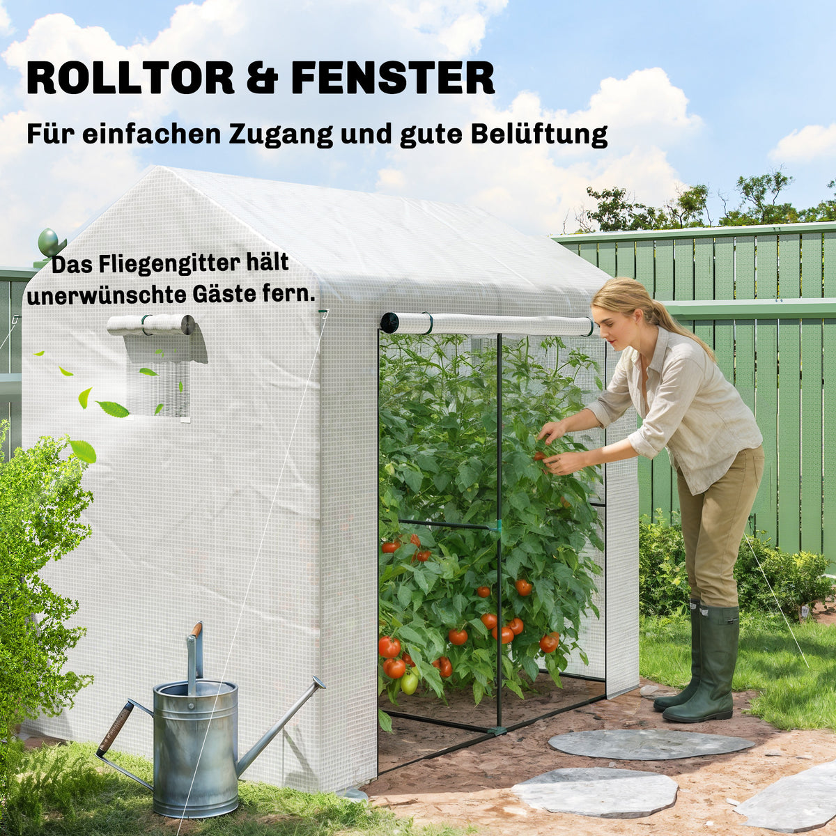 Walk-in Greenhouse, Outdoor Tomato Greenhouse with Roll-up Door and Mesh Windows, PE Cover, 200 x 140 x 200cm, White
