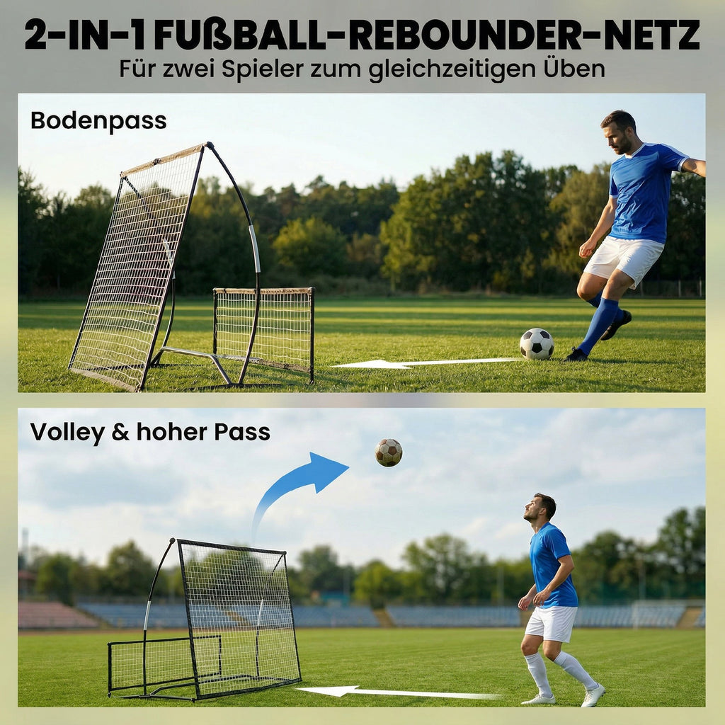 Rebounder für Fußball, 2-in-1 Zweiseitig Faltbar Prellwand mit Rückprallwand Netz, 200 x 94cm, Schwarz