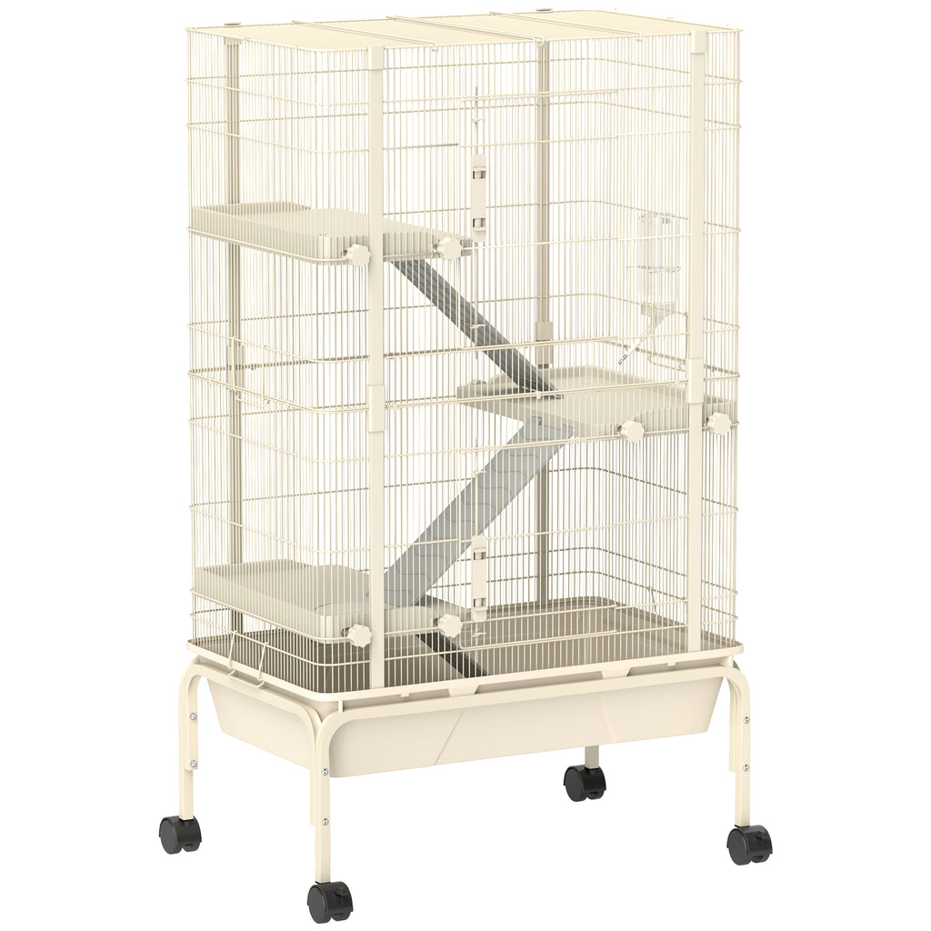 4-Level Rolling Small Animal Cage, Rabbit Cage with 3 Ramps, Water Bottle, Food Dish, 15cm Deep Tray, Beige