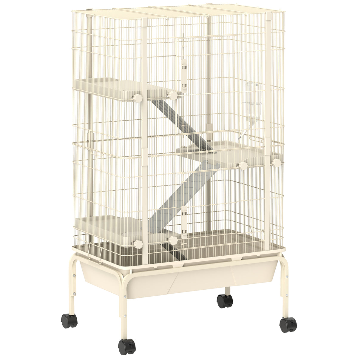 4-Level Rolling Small Animal Cage, Rabbit Cage with 3 Ramps, Water Bottle, Food Dish, 15cm Deep Tray, Beige