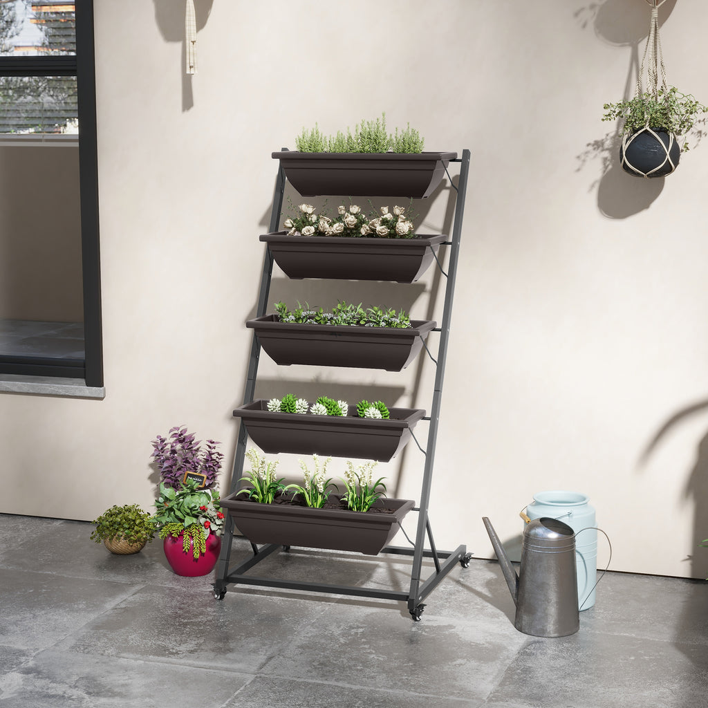 5-Etagen Pflanzenst?nder, 145 cm hoch Blumenst?nder mit Rollen T?pfe, Pflanzenregal aus Stahl Braun