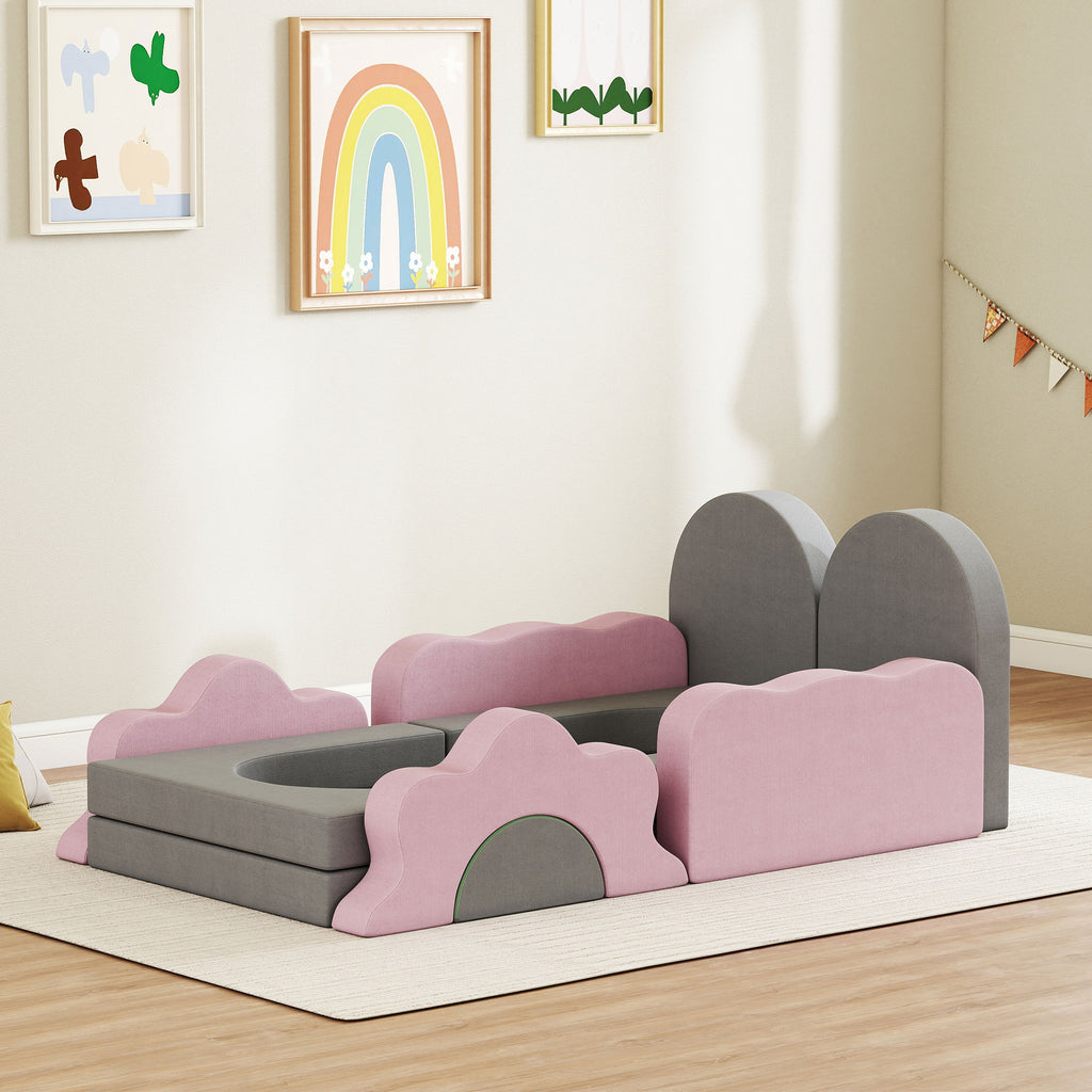 12-teiliges Set Schaumstoffbl?cke zum Klettern, Bauen, Krabbeln, Indoor-Spielmatten mit Cordbezug, Grau+Rosa