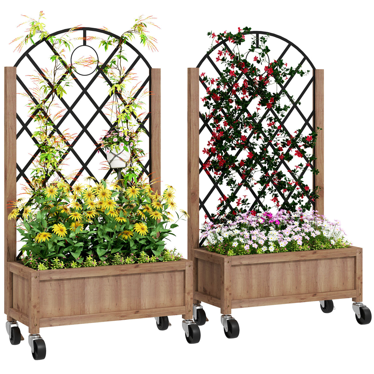 Wooden Planter, with Metal Trellis - Brown/Black