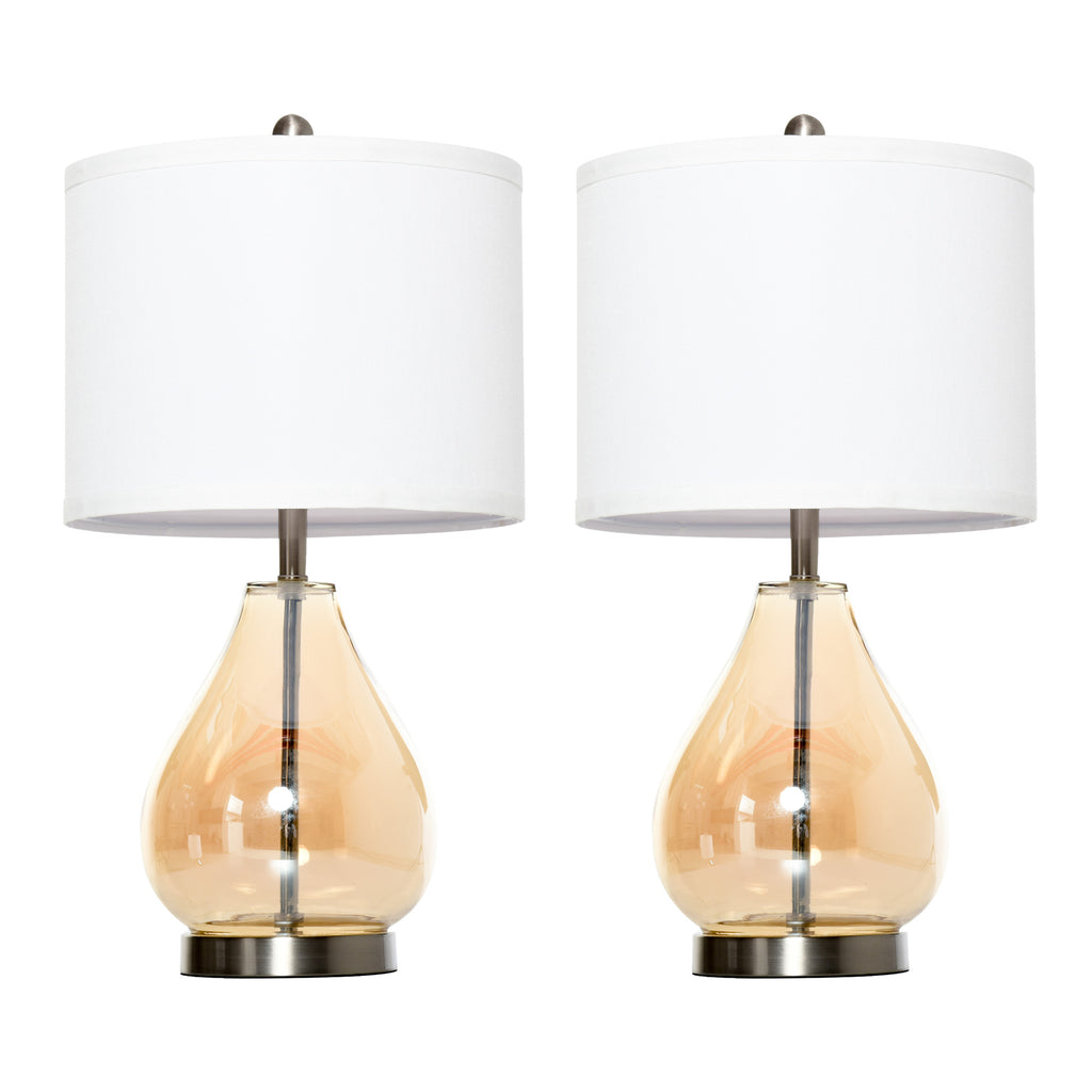 Tischlampe 2er-Set Tischleuchte mit Leinen-Lampenschirm, Glas tropfenförmigen Stangen, Nachttischlampe mit E27-Fassung, für Schlafzimmer, Wohnzimmer, Weiß