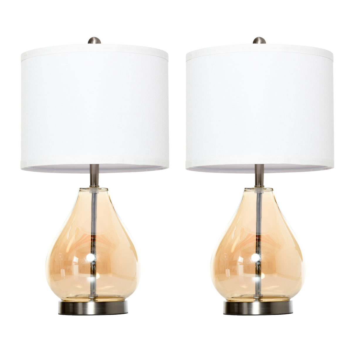 Tischlampe 2er-Set Tischleuchte mit Leinen-Lampenschirm, Glas tropfenförmigen Stangen, Nachttischlampe mit E27-Fassung, für Schlafzimmer, Wohnzimmer, Weiß