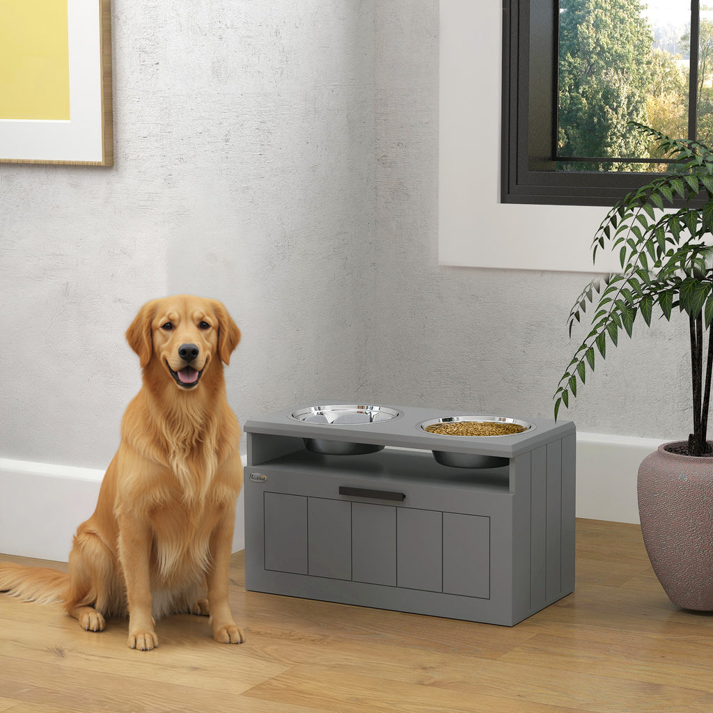Raised Dog Bowl with Slow Feeder, Two Stainless Steel Dog Bowls, Drawer, for Large and Extra Large Dogs, Grey