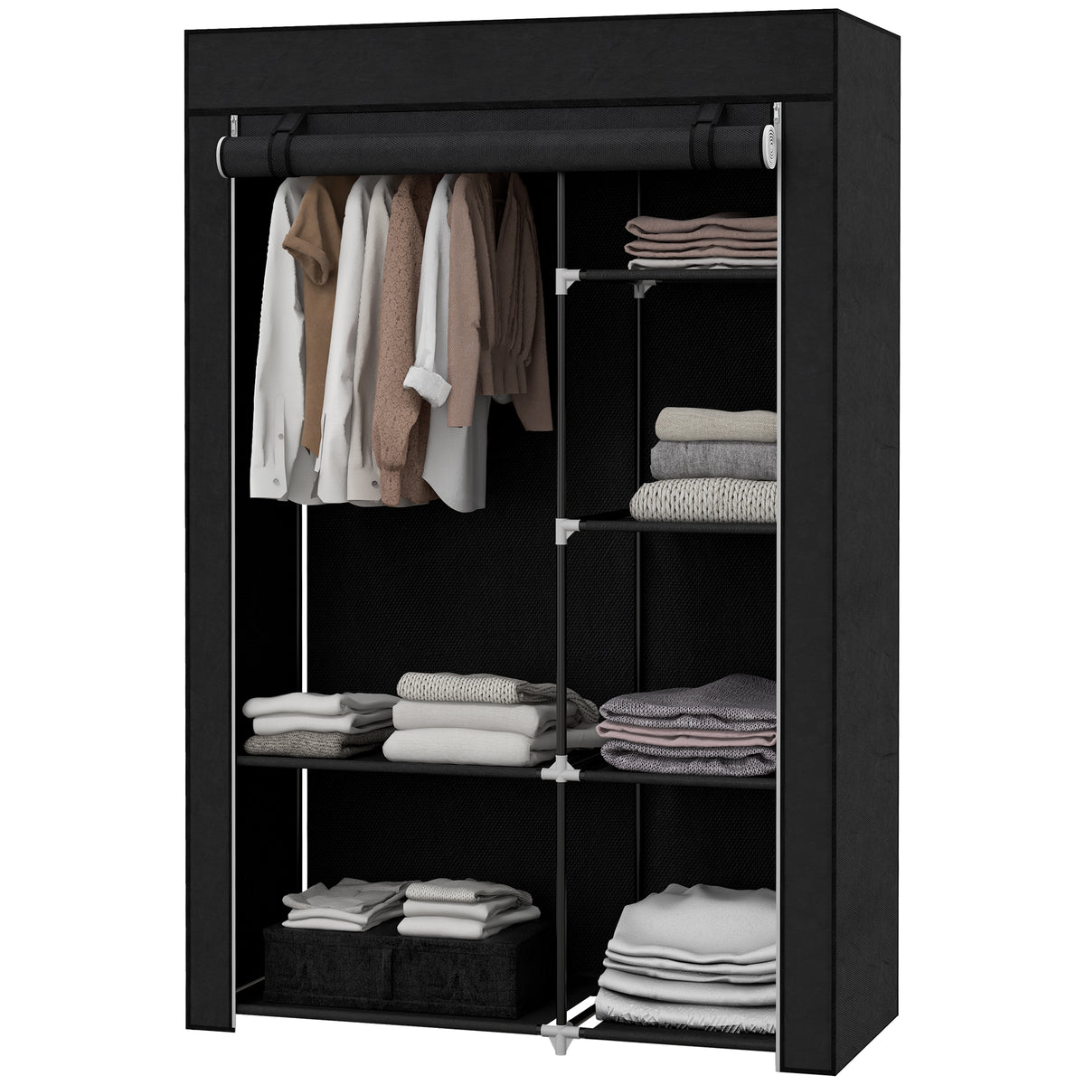 Fabric Wardrobe w/ Shelves Hanging Rail Foldable Wardrobe Black