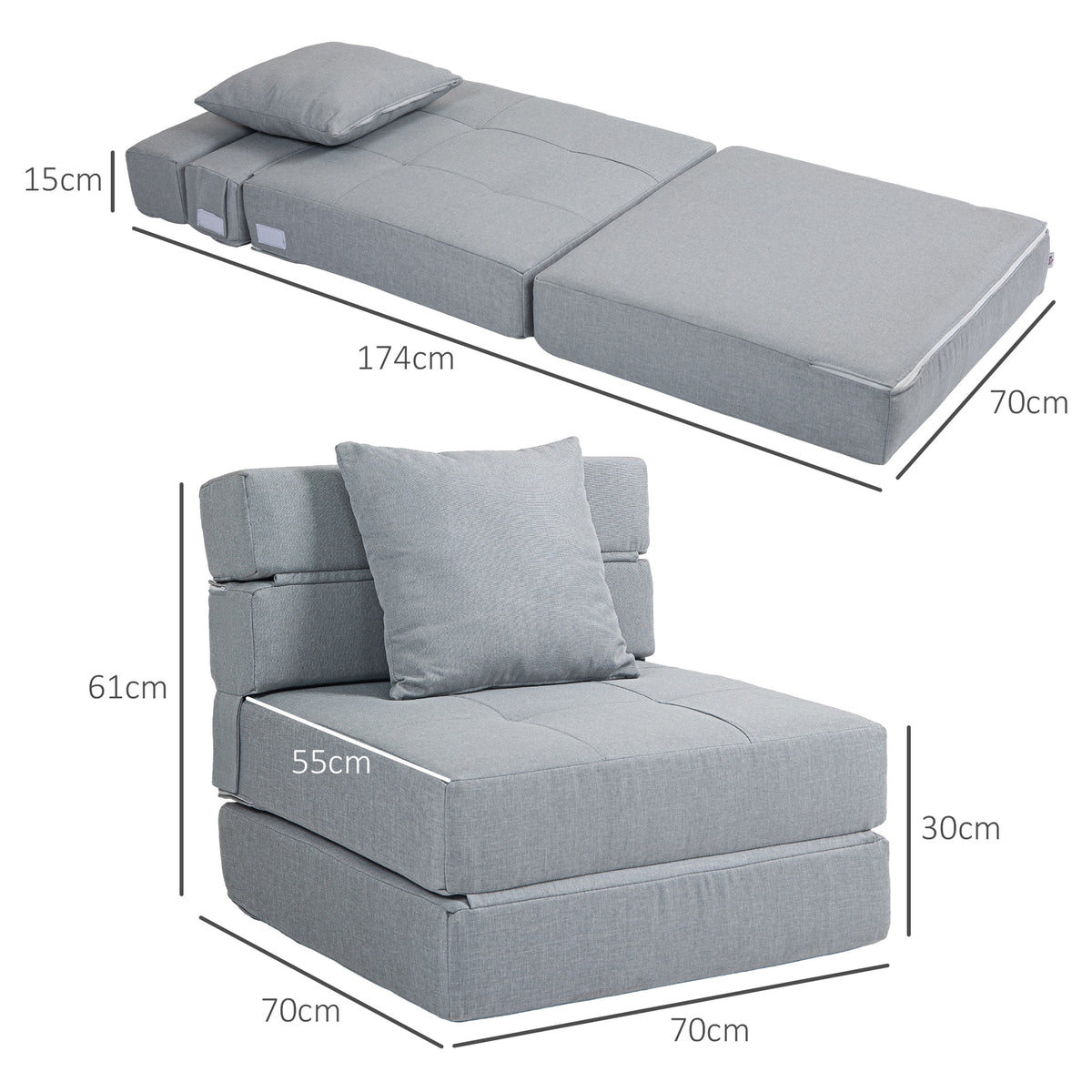 Relaxsessel Liegesessel Sessel mit Bettfunktion, inkl. 1 Kissen, 70 cm x 70 cm x 61 cm, Hellgrau