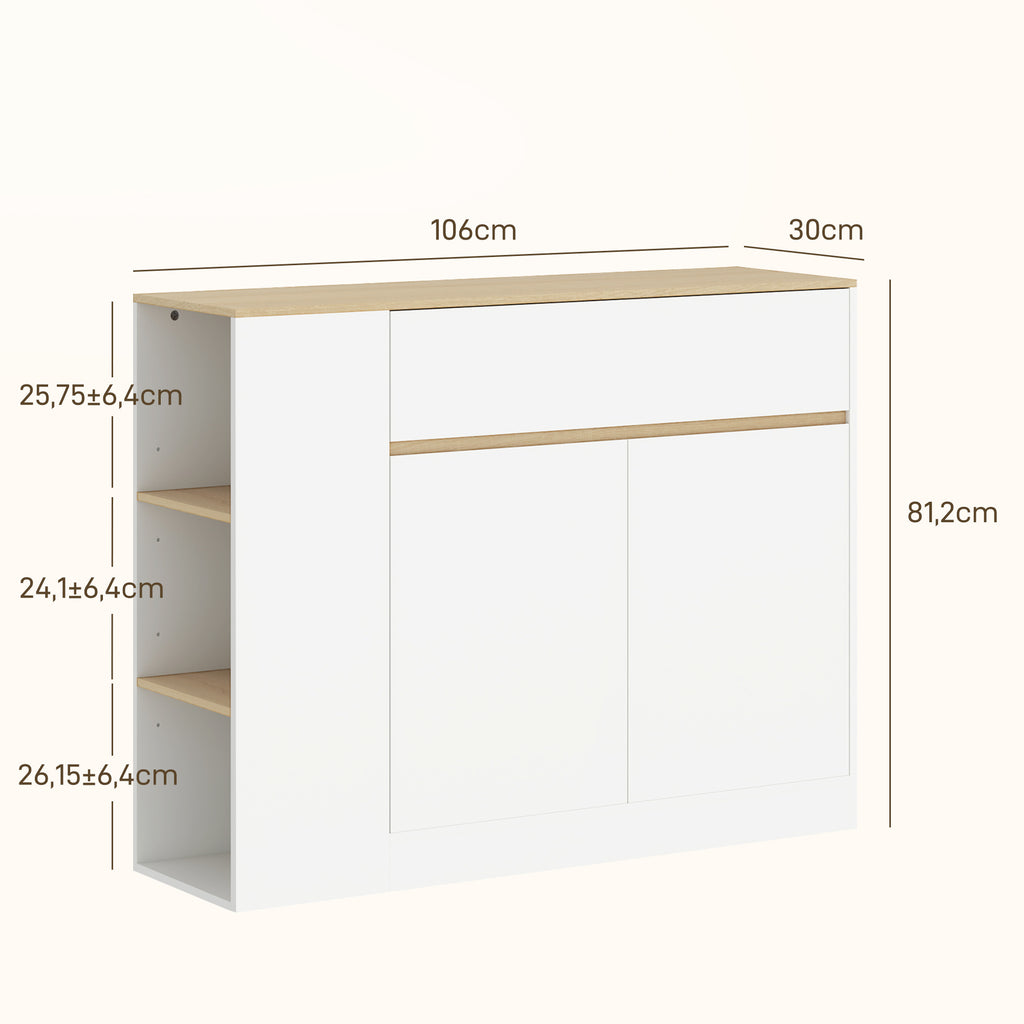 Sideboard, gro?es Schrankfach, 3 Ablagef?cher, Schublade, 106 x 30 x 81,2cm, Wei?/Holz