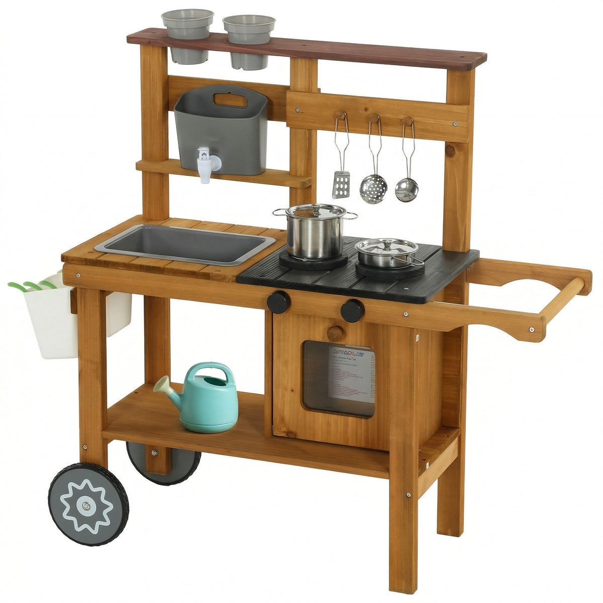 Wooden Mud Kitchen with Wheels, Stove, Faucet, Flower Pots, Stainless Steel Accessories for Toddlers 3-6, Brown