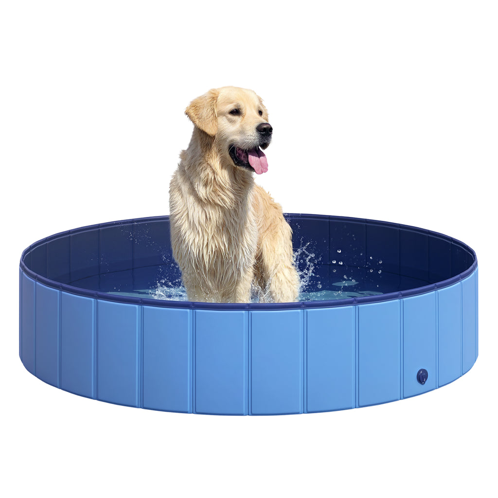  Dog Paddling Pool, Foldable Dog Pool, Leakproof & Hard Plastic, Portable Pet Bathtub with Non-Slip Base & Drainage Hole, for Indoors, Outdoors, Garden, Patio, 140 x 30 cm, Blue