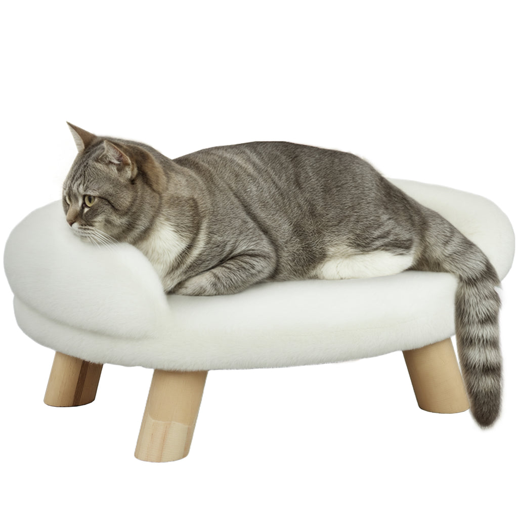 Haustierbett für Katzen und Hunde bis 5kg/30cm, waschbarer Plüschbezug, Cremeweiß, 47 x 40 x 20 cm
