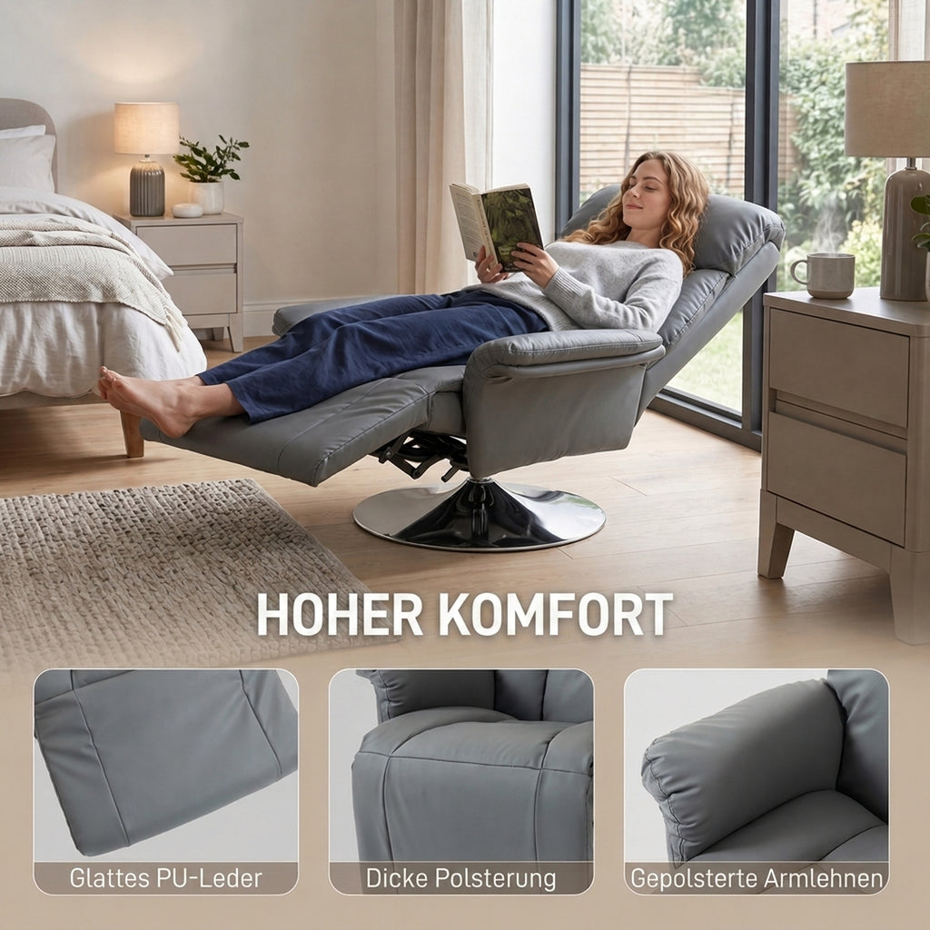 Relaxsessel, Liegefunktion, Lederoptik, Fußstütze, bis 120 kg, 78 x 80 x 109 cm, Grau