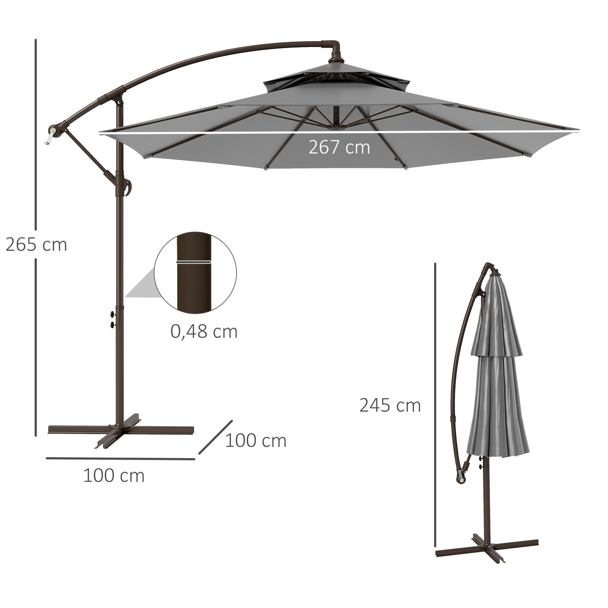  Sonnenschirm Ampelschirm ?2,67 x 2,45?m Kurbelschirm mit Doppeldach Kreuzbasis Stahl Outdoor Sonnenschutz Polyester Stahl Hellgrau