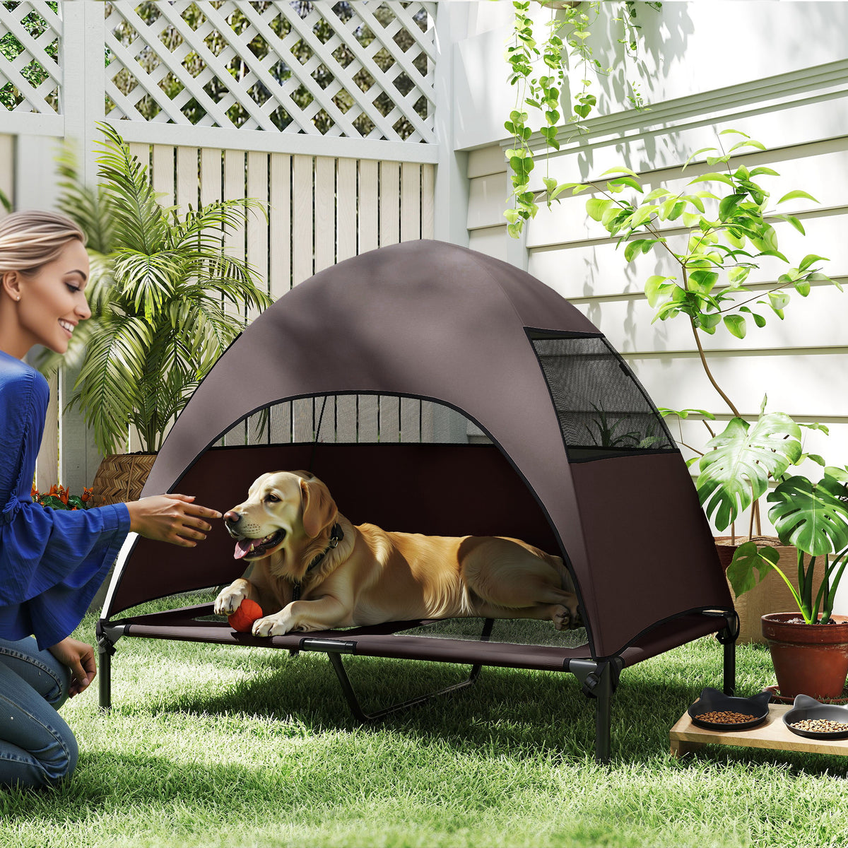 Hundeliege Outdoor mit Dach, Erh?htes Hundebett f¨¹r Gro?e Hunde, 106 x 76 x 99 cm, Kaffee
