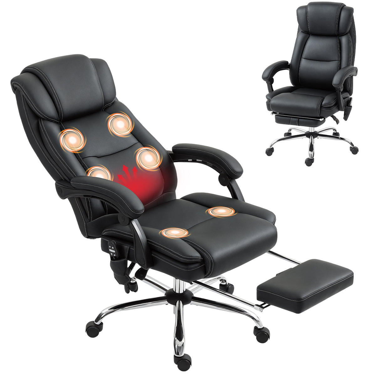 Bürostuhl Ergonomisch mit Massagefunktion Schreibtischstuhl mit Fußstütze, Kunstleder Schwarz