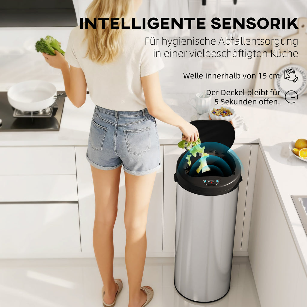 Sensor Mülleimer 55L Berührungsloser Abfalleimer mit Soft-Close-Deckel aus Edelstahl für Küche Fitnessstudio