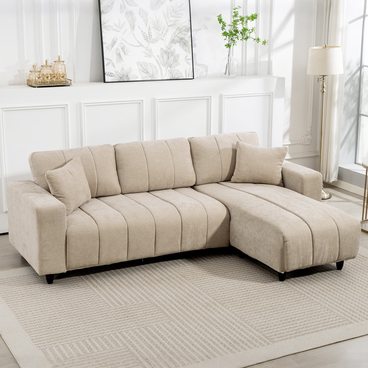 Ecksofa, Chaiselongue Umkehrbar, Kissen, 242 x 156 x 87 cm, Beige