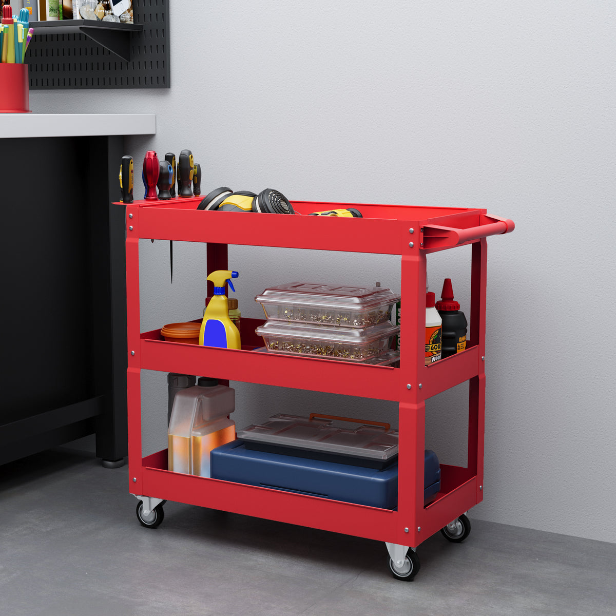 3-stufiger Werkzeugwagen, 4 Rollen, Stahl, 83B x 35,3T x 76H cm, Rot