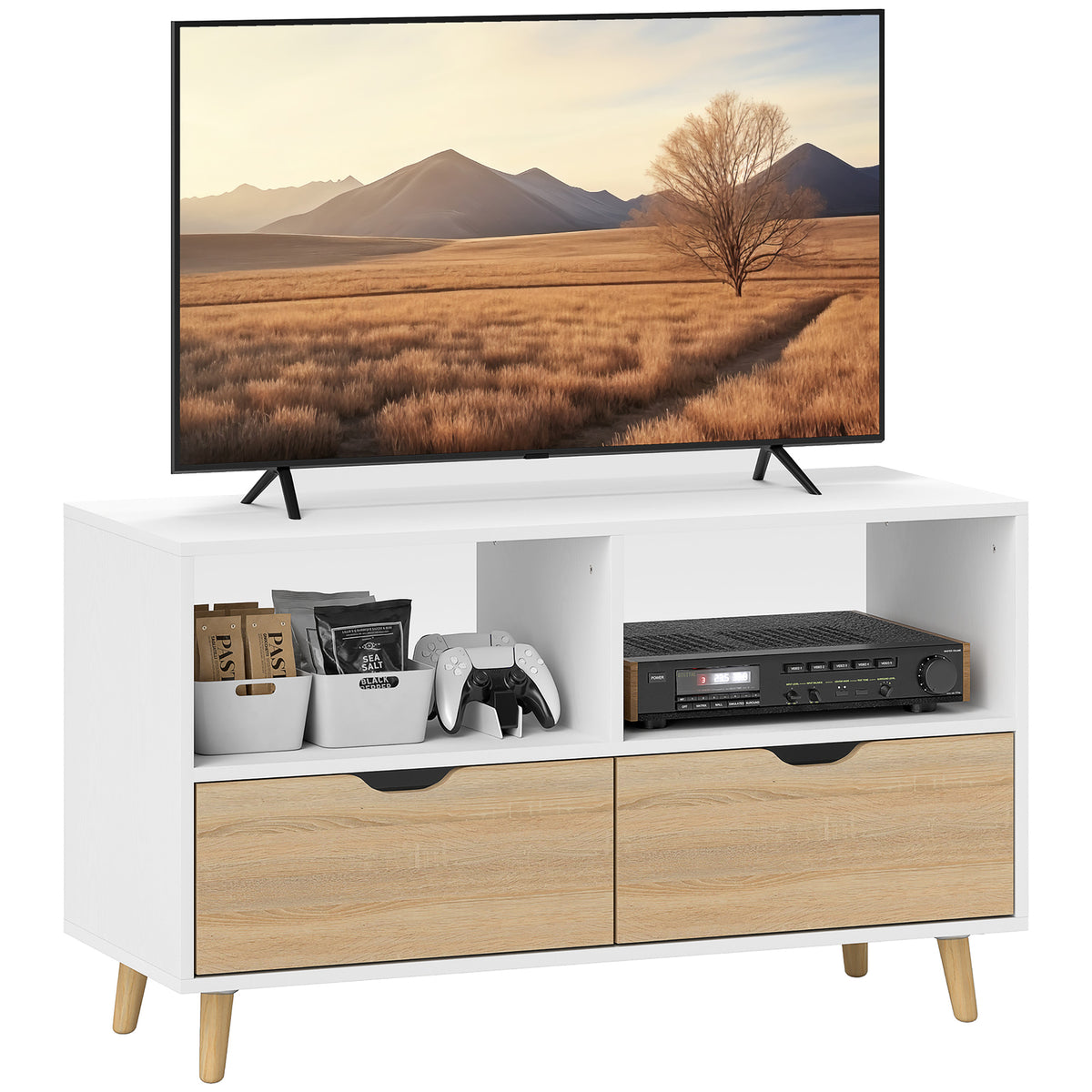 TV-Schrank, TV-Kommode mit Schubladen, Offene Regale, Holz, 99 x 39 x 58 cm, Wei?