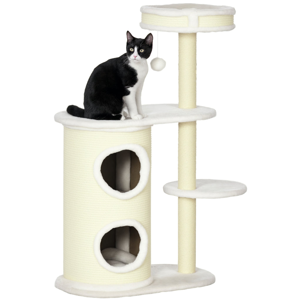 Kratzbaum mit Kratztonne, 1 Katzenbett und Katzenspielzeug, 59 cm x 35 cm x 100 cm, Cremeweiß