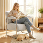Moderner Sessel, Akzentstuhl mit breitem Sitz und dicker Polsterung, Chenille-Polsterstuhl fürs Wohnzimmer, Beige