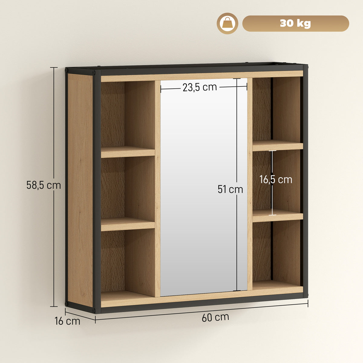 Badezimmer-Spiegelschrank, 6 offene F?cher, 3-stufiges Regal, Wandmontage, Eiche