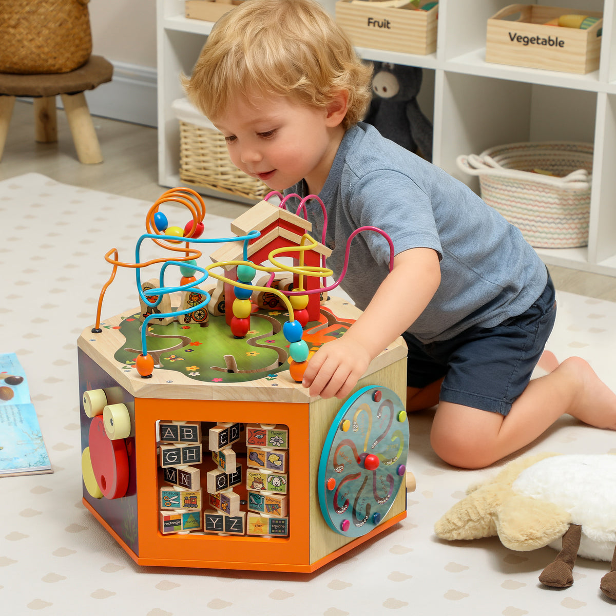 8 in 1 Wooden Activity Cube with Bead Maze, Shape Sorter, for Kids Boys Girls 18+ Months