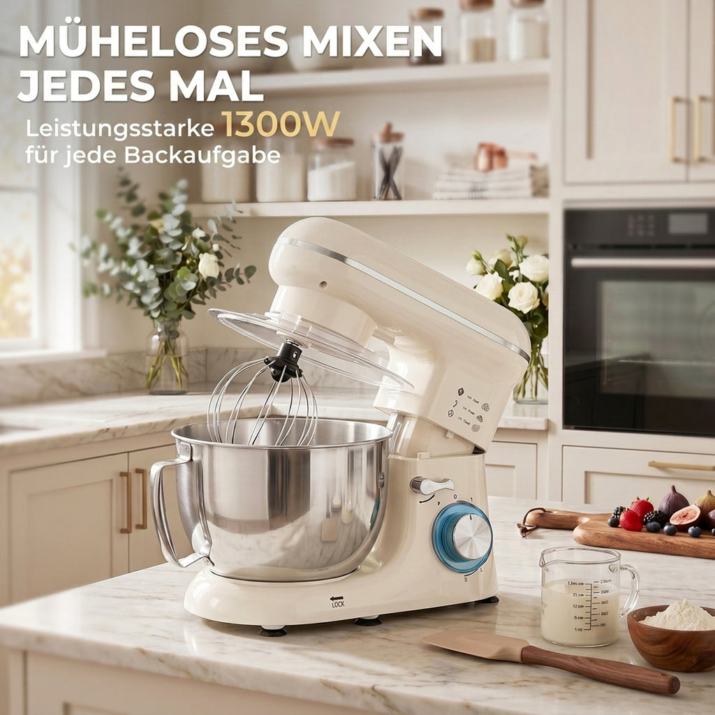 Küchenmaschine Knetmaschine mit 4,5L Edelstahlschüssel 1300W Teigmaschine mit 6+P Geschwindigkeit Beige
