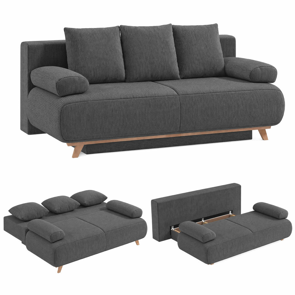 Schlafsofa mit verstellbarer Rückenlehne, Bettfunktion, verstecktem Stauraum und Cordbezug, Grau