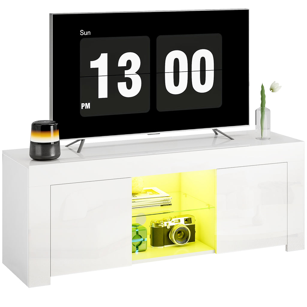 TV-Schrank mit LED-Beleuchtung, 2 Schrankt¨¹ren, Glasregal, Kabell?cher, f¨¹r Wohnzimmer, Spanplatte, Wei?
