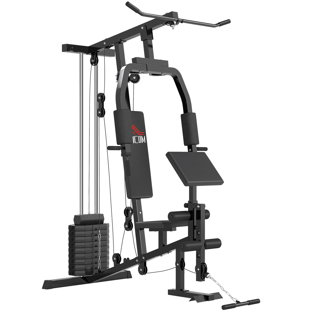 Kraftstation für Zuhause Fitnessstation mit Latzuggerät, Kabelzug, kurzer Bizepsstange, Brustpresse, Beintrainer, Butterfly-Maschine 45kg Gewichten Multifunktion Fitnessstation Schwarz