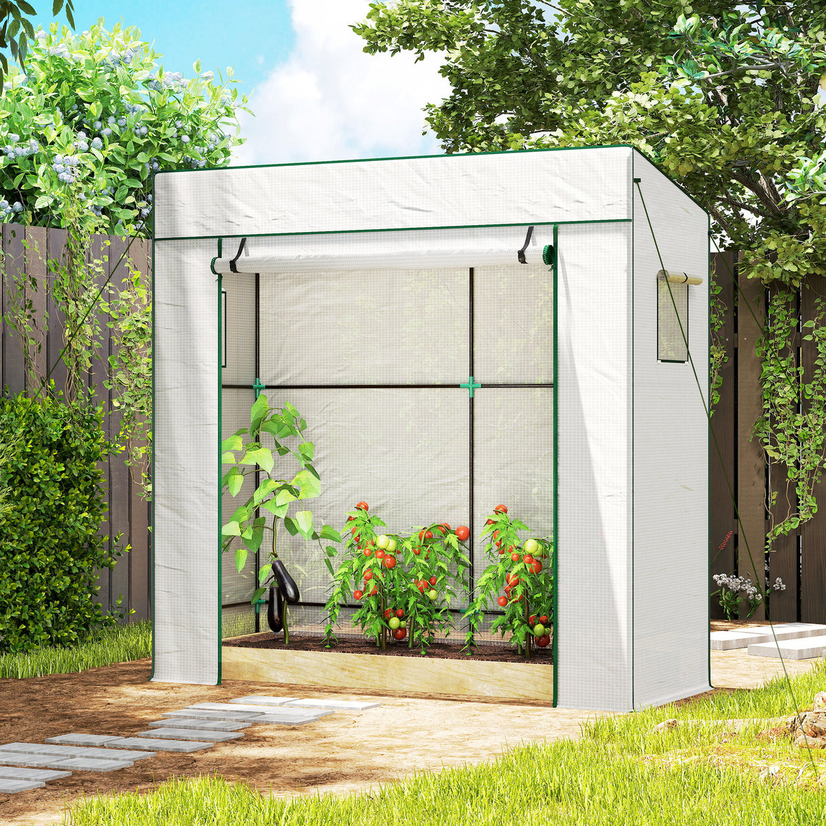 Tomatengewächshaus Rolltor Netzfenster 196 x 77 x 197 cm Weiß