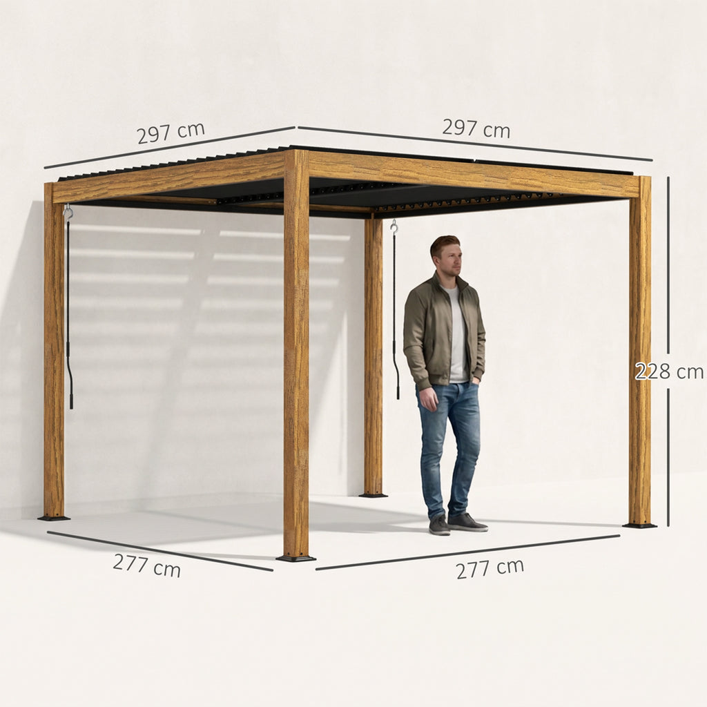 Pergola Gartenzelt, wetterbeständig, Handkurbel, Aluminium, 3x3m, Schwarz/Natur