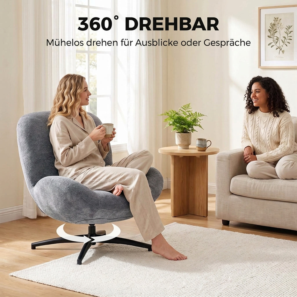 Sessel Wohnzimmer Drehbar Loungesessel mit Breiter Sitzfläche, Integrierter Armlehne, Chenille-Optik, Dunkelgrau