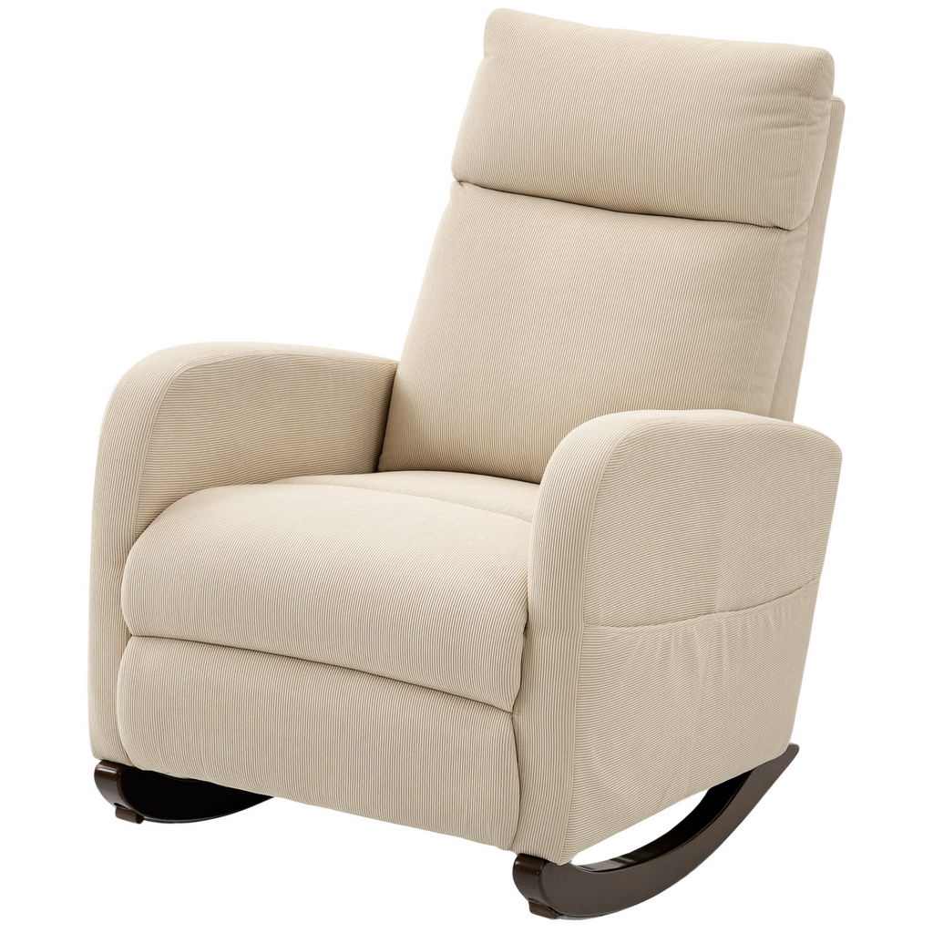 Schaukelstuhl, gepolsterter Schaukelsessel mit Cordstoff, Seitentaschen für Wohnzimmer, Schlafzimmer, Beige