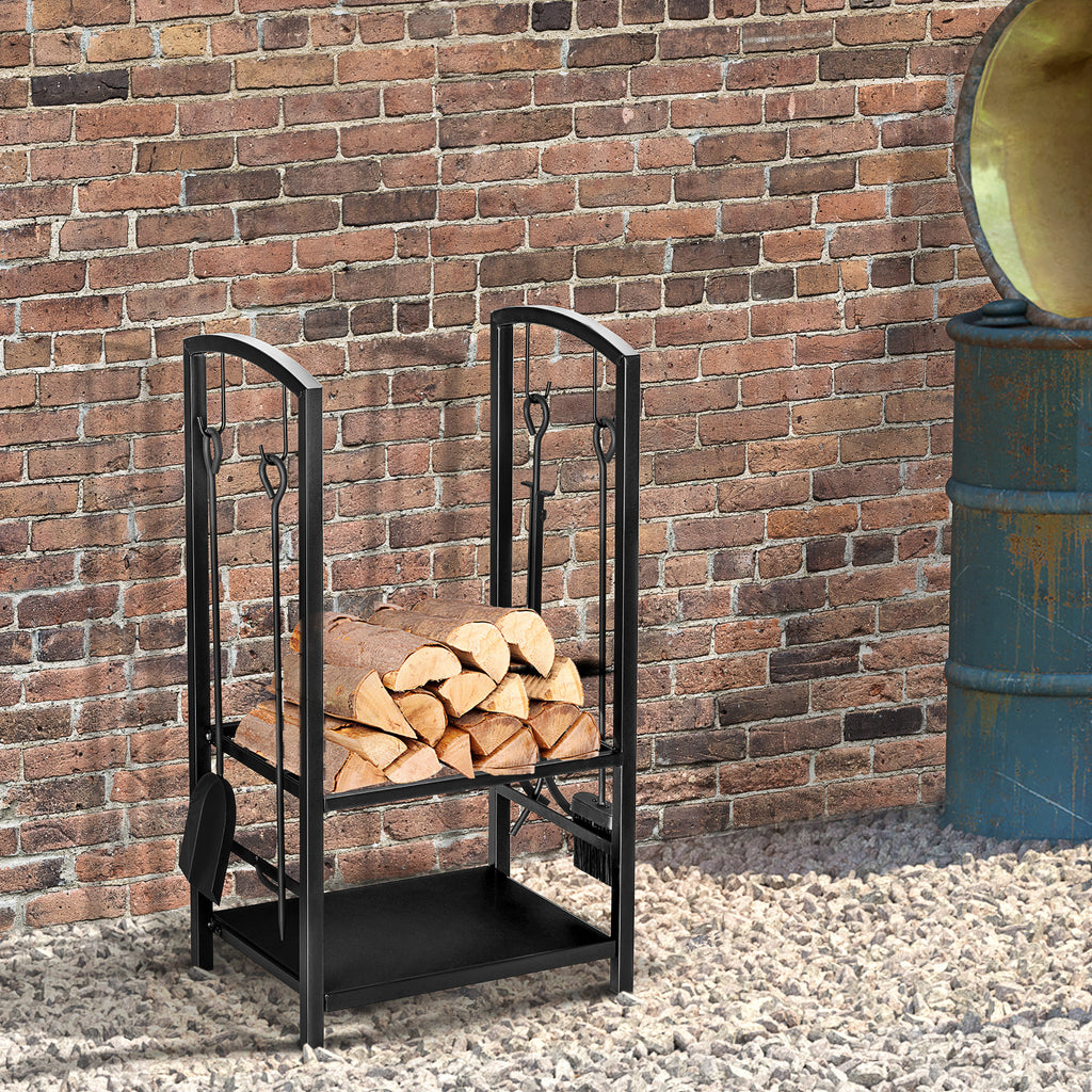 Kaminholzständer, Brennholzregal, 2 Etagen, Kaminbesteck, bis 100 kg, Stahl, Schwarz, 40 x 30 x 74,5 cm