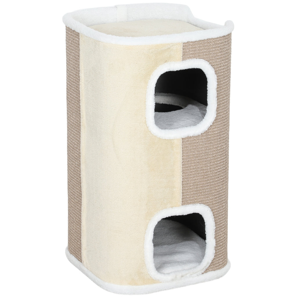 Kratztonne für Katzen, Katzenbaum, 3 Ebenen, robust, weicher Plüsch, Rückzugsort, Beige