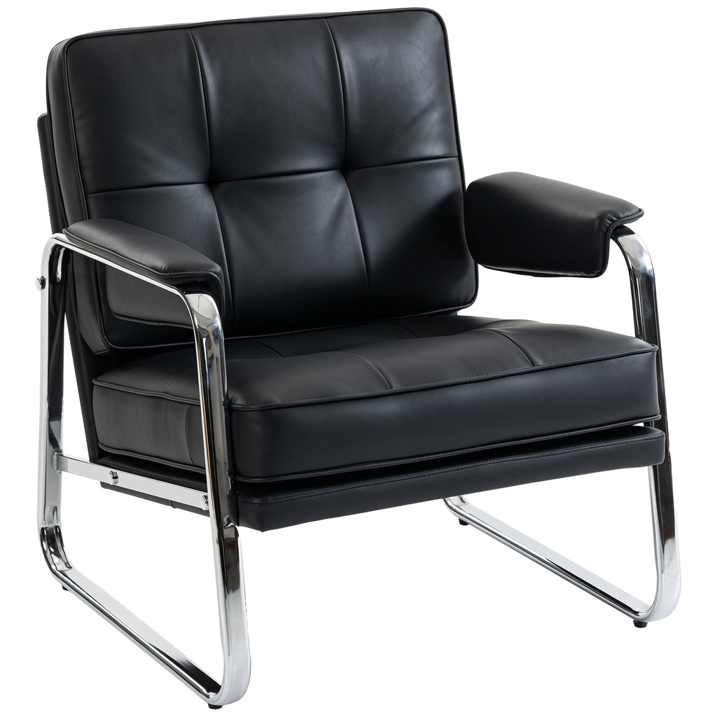 Sessel Loungesessel mit breiter Sitz, Armlehnen, Stahlbeinen, aus Kunstleder für Wohnzimmer, Schlafzimmer, Schwarz