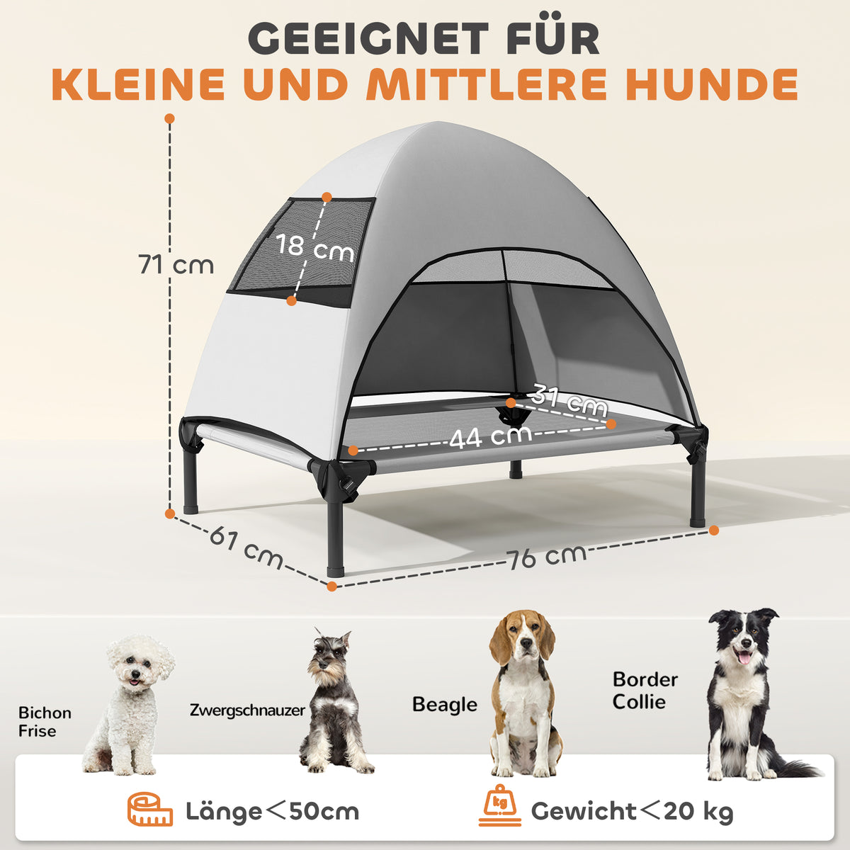 Hundeliege Outdoor mit Dach, Erh?htes Hundebett f¨¹r Mittelgro?e Hunde, 76 x 61 x 71cm, Hellgrau