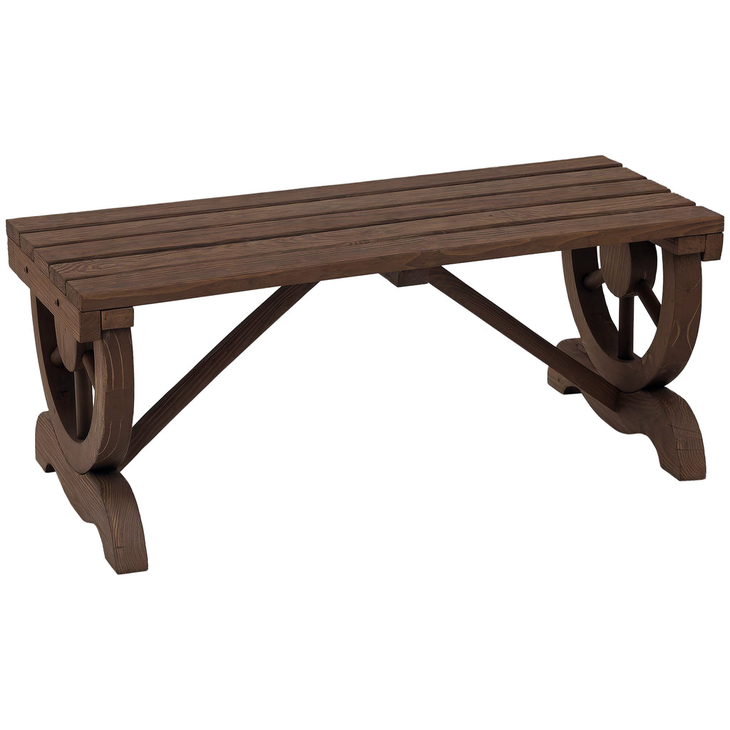Garden Rustic Wooden Bench Wheel-Shaped Legs Slatted Seat Stable Reinforced Structure Outdoor Patio Garden 2-Person Bench Seat - Brown