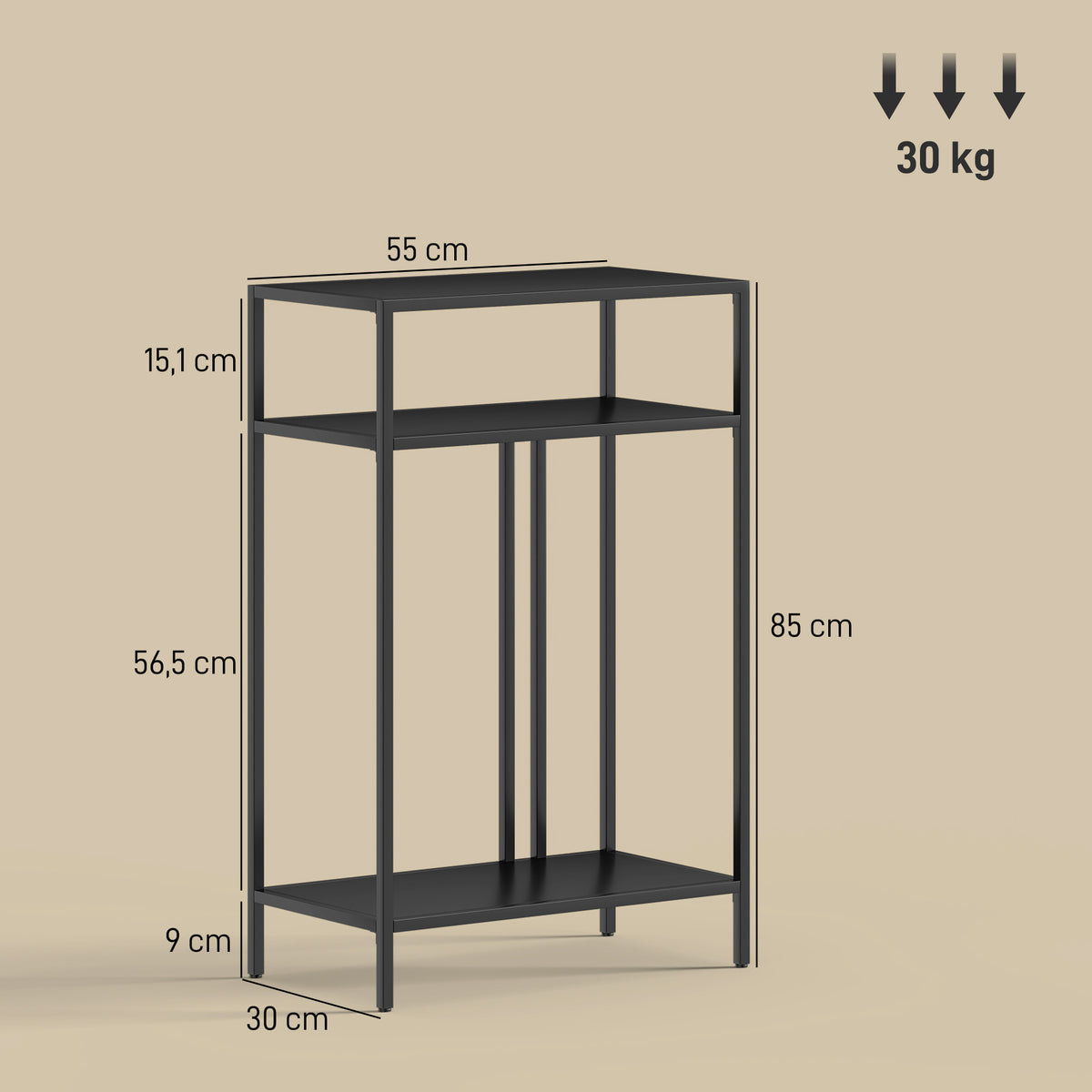 Konsolentisch 3-stufige Ablagen Schmaler Eingangsbereichstisch Stahlrahmen für Wohnzimmer Flur 55 cm Schwarz