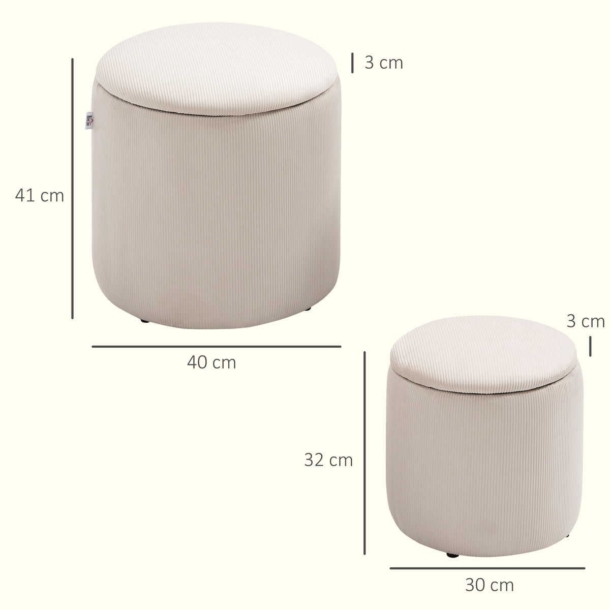 Hocker Ottomane, Zweier-Set, mit Stauraum, weiche Polsterung, Bezug in Cordoptik, Cremewei?, 40 x 40 x 41cm