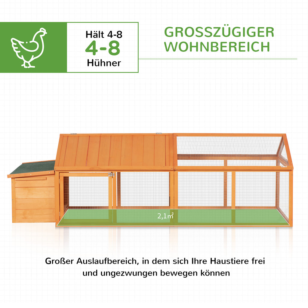 Hühnerstall Freilaufgehege 2,4 x 1,125 x 0,76 m Freigehege mit Schloss Tannenholz Hühnerhaus mit Tür, aufklappbar Dach, Outdoor Geflügelstall für Hühnerkäfig, 4-8 Hühner, Orange