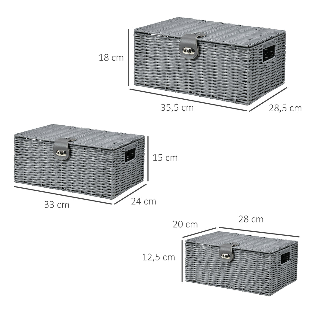 3er-Set Aufbewahrungskörbe aus PE- Rattan, mit Verschluss, Tragegriffen, 35,5 cm x 28,5 cm x 18 cm, Grau