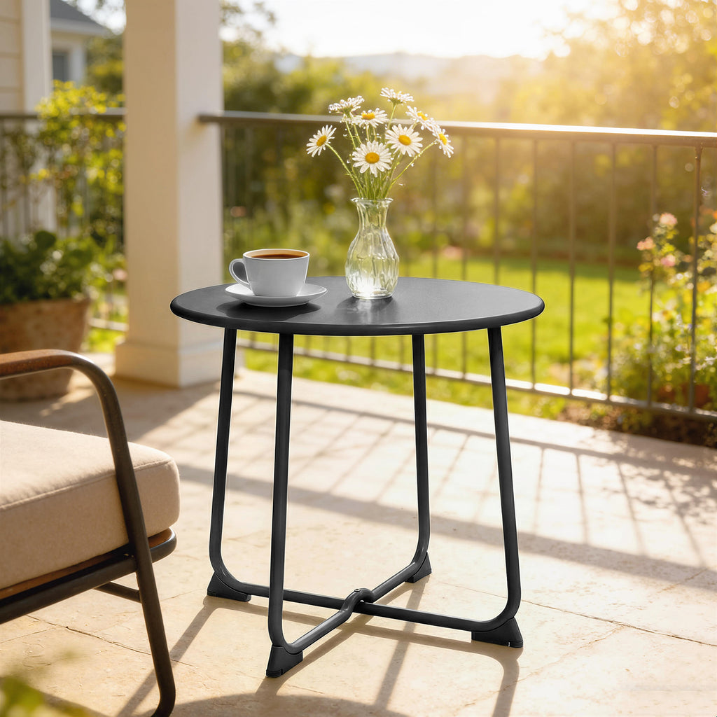 50 cm Runder Outdoor-Tisch, Metall Gartencouchtisch mit X-förmigem Gestell und rutschfesten Füßen, Schwarz